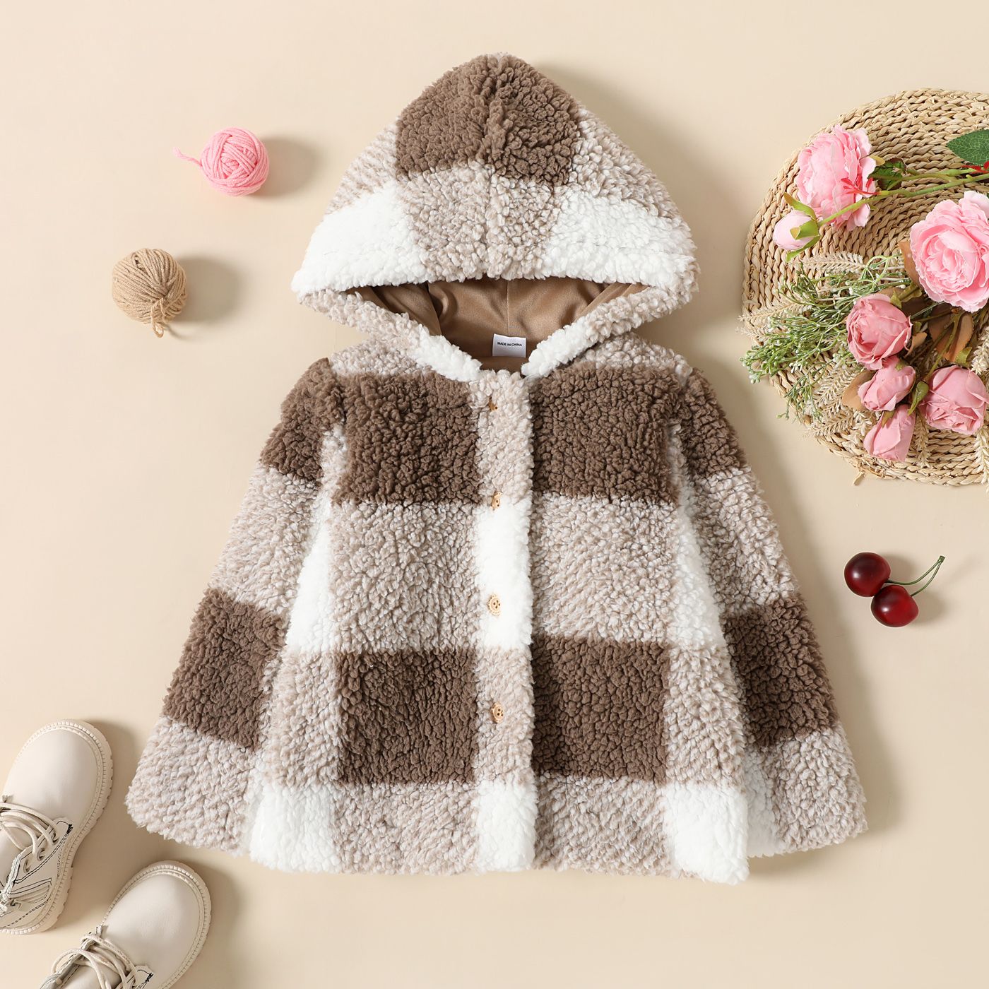 

Toddler Girl Plaid Fleece Button Design Hooded Jacket