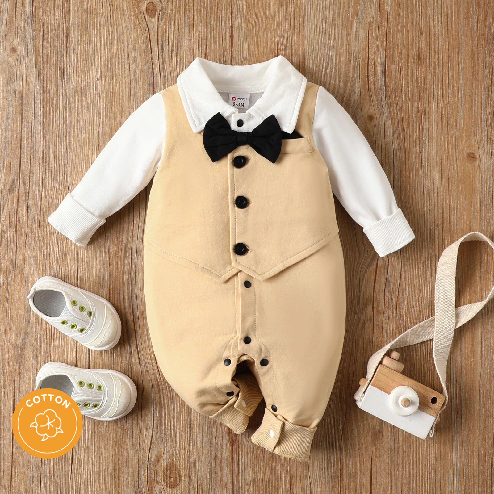 

100% Cotton Baby Boy Gentleman Party Outfit Bow Tie Decor Button Front Long-sleeve Jumpsuit