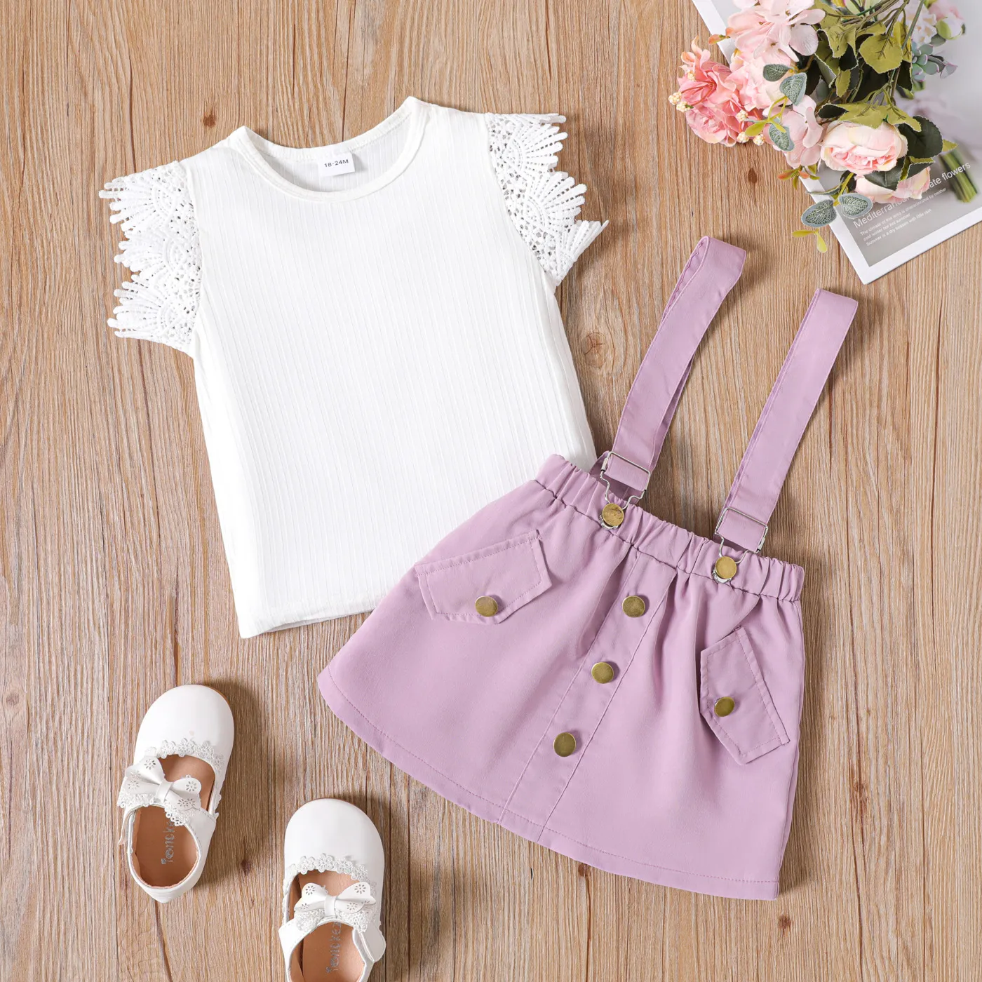 

Mini Lady Toddler Girl 2pcs Ribbed Lace Splice Flutter-sleeve White Top and Pink Skirt with Suspender Set