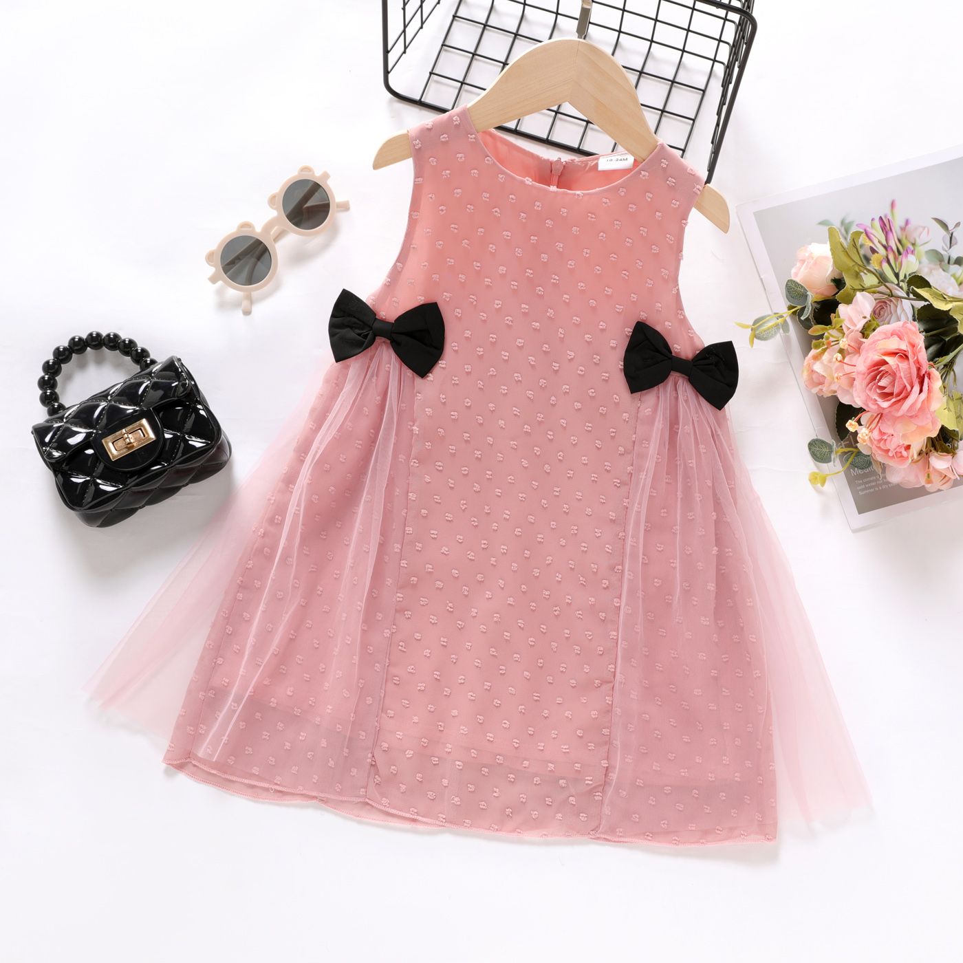 

Dress Like Wind Toddler Girl Jacquard Mesh Layered Bow Decor Sleeveless Pink Dress