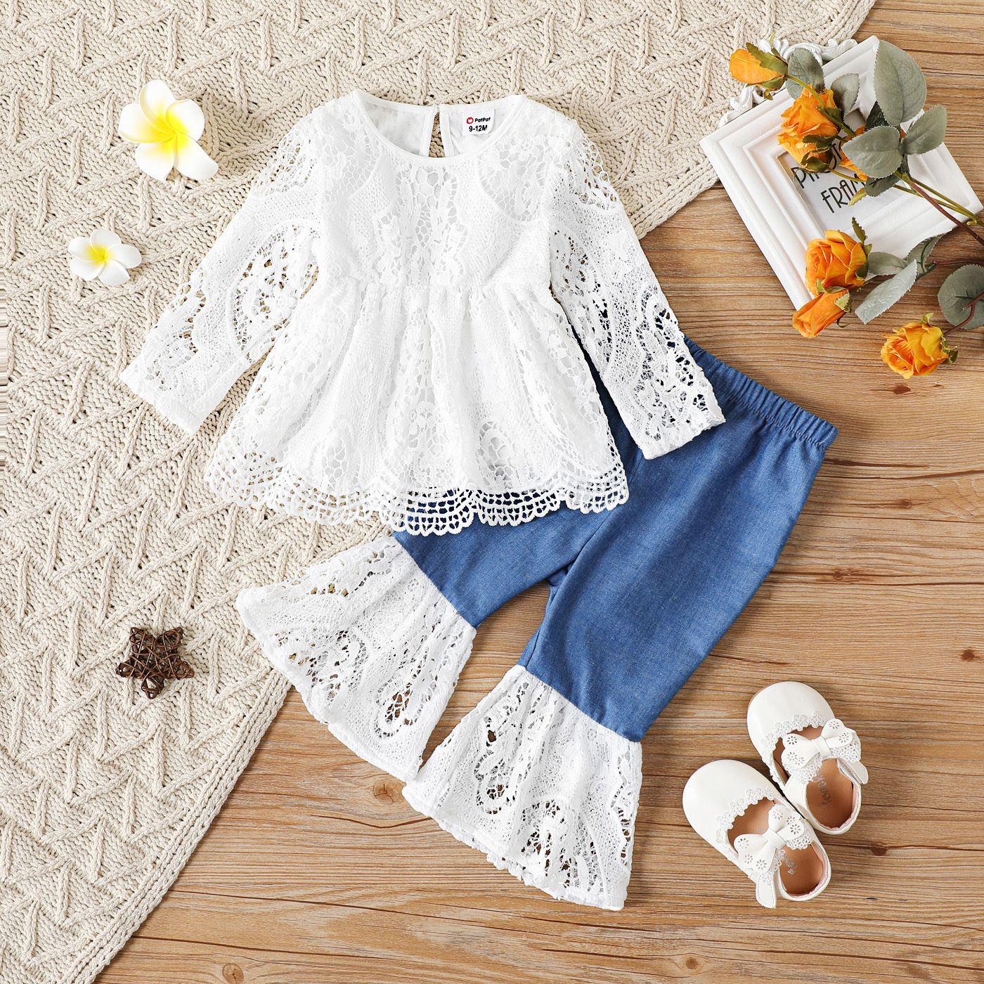 

2pcs Baby Girl Long-sleeve Lace Top and Imitation Denim Flared Pants Set