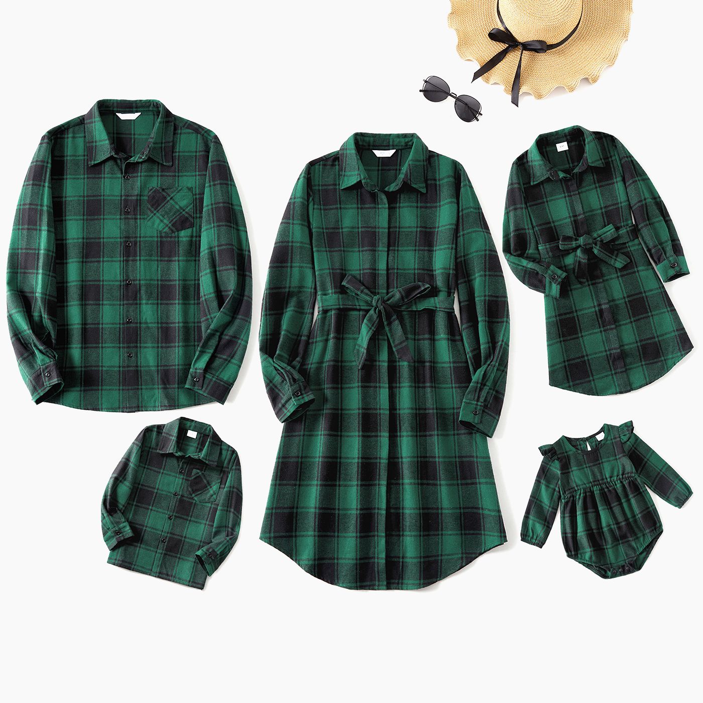 

Family Matching Long-sleeve Dark Green Plaid Shirts and Belted Dresses Sets