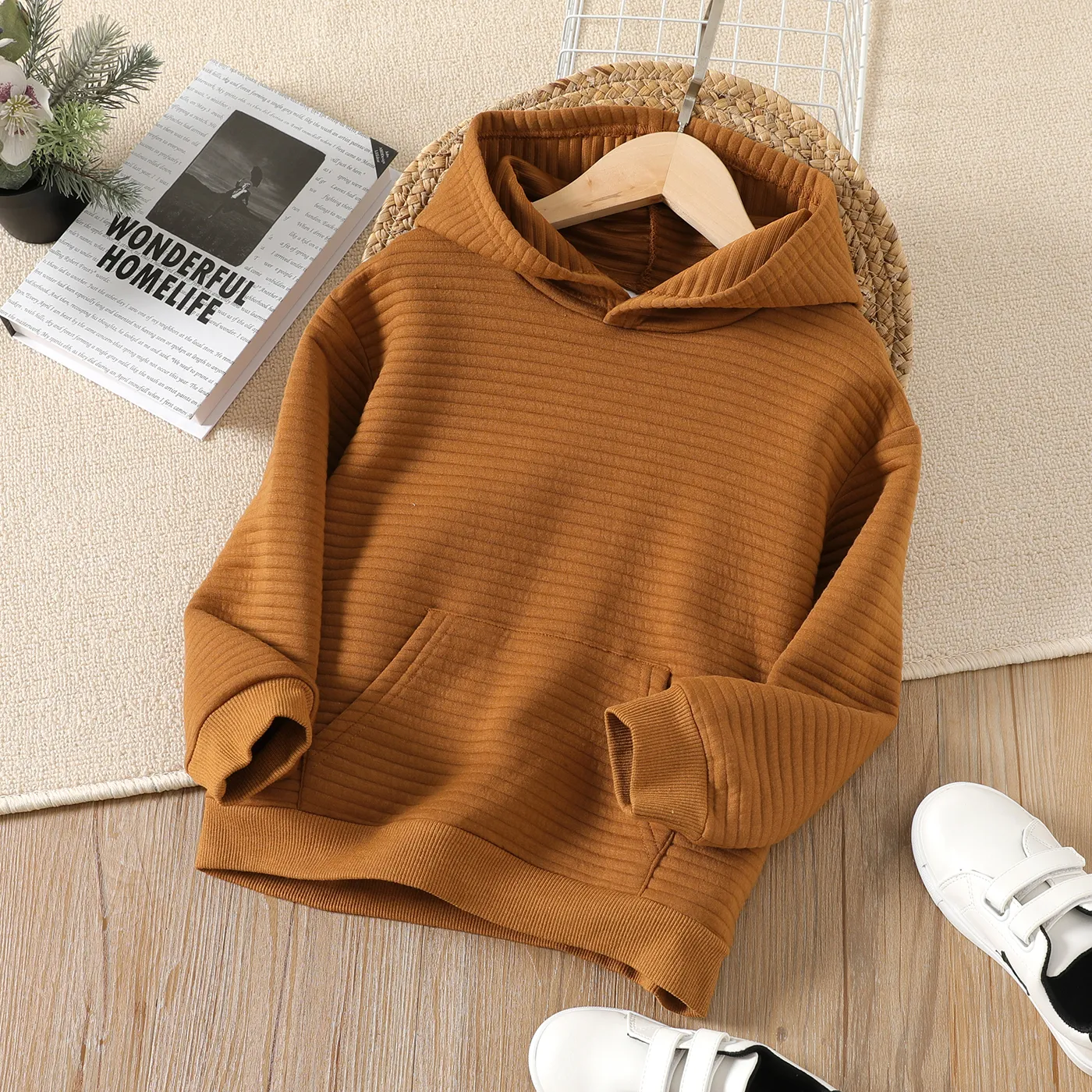 Kid Boy Solid Color Pocket Design Textured Hoodie Sweatshirt Brown
