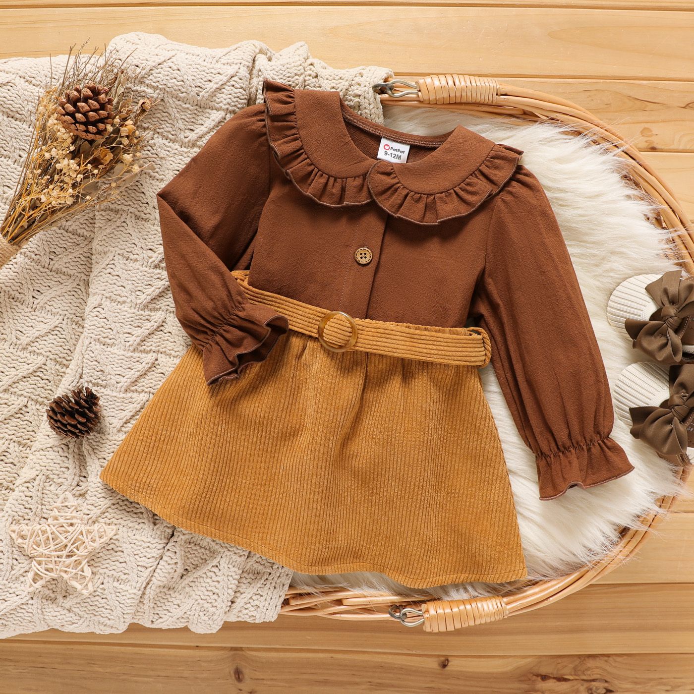 

2pcs Baby Girl 100% Cotton Long-sleeve Ruffle Collar Button Front Top and Belted Skirt Set