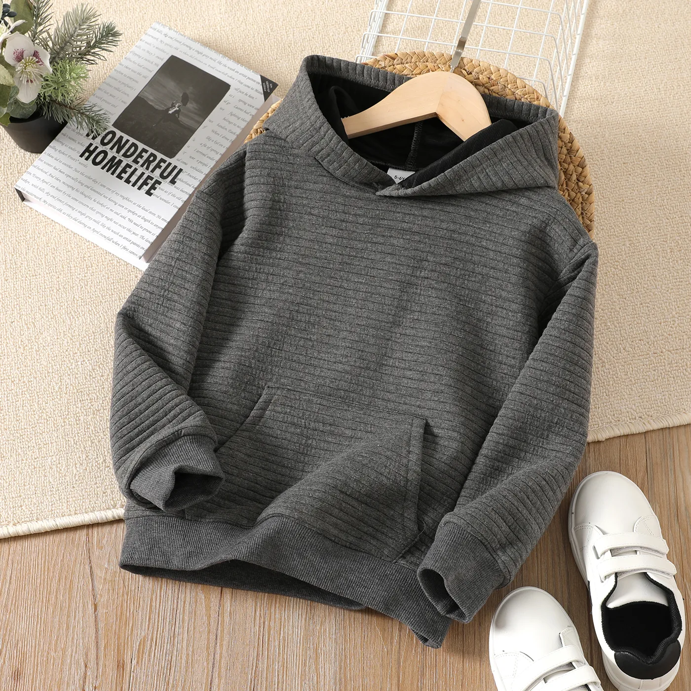 Kid Boy Solid Color Pocket Design Textured Hoodie Sweatshirt Grey big image 1