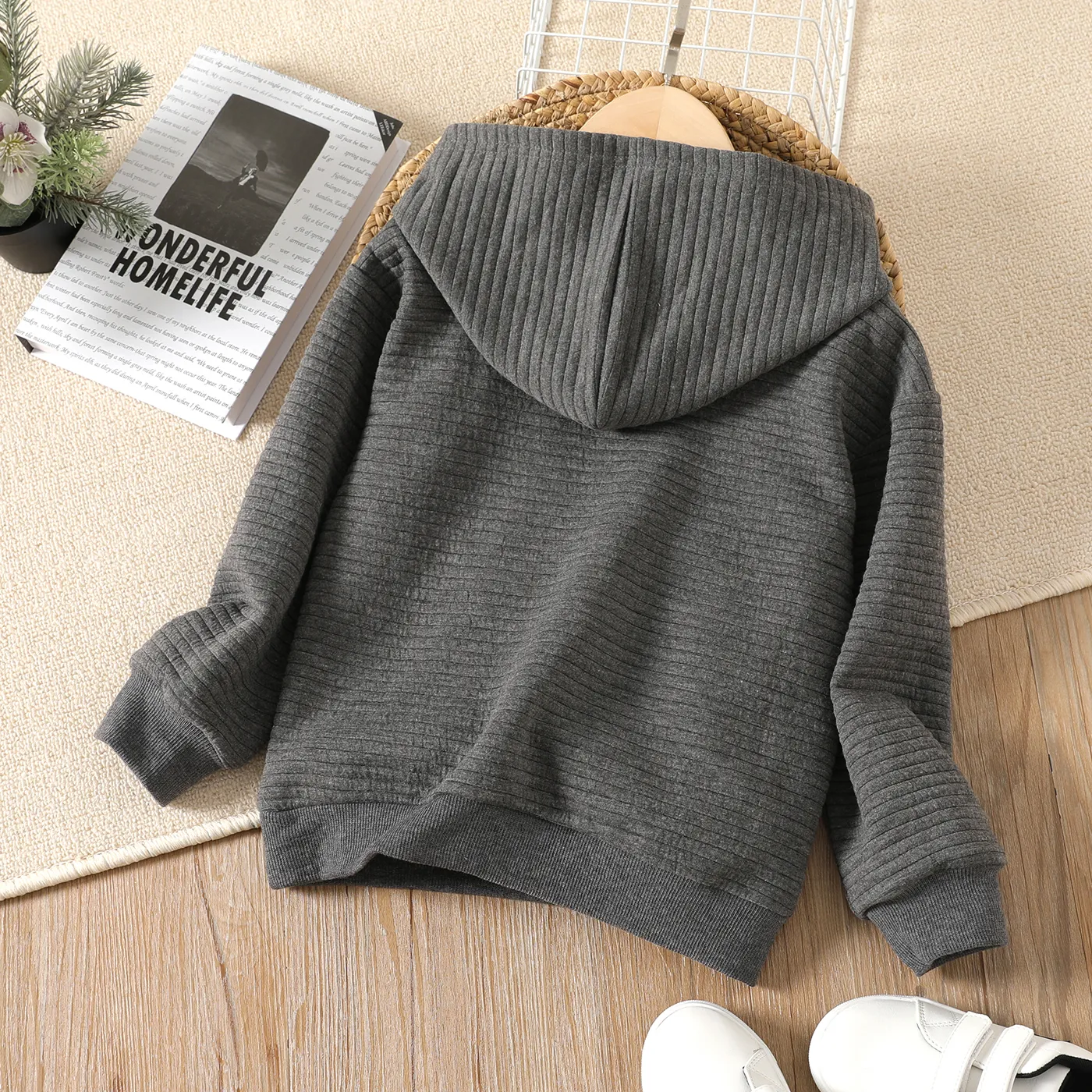 Kid Boy Solid Color Pocket Design Textured Hoodie Sweatshirt Grey image 6
