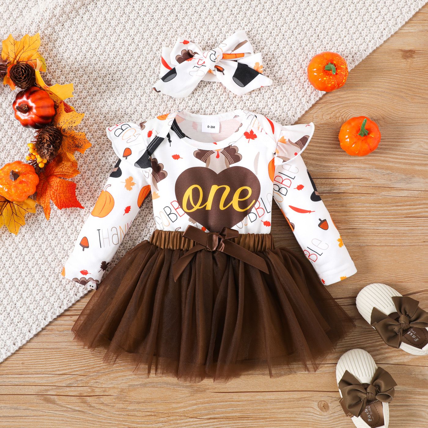 

Thanksgiving 3pcs Baby Girl Allover Print Ruffle Trim Long-sleeve Romper and Mesh Skirt with Headband Set