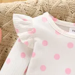 2pcs Baby Girl 100% Cotton Bear Pattern Ruffle Hem Denim Overall Dress and Polka Dots Rib Knit Top Set  image 2