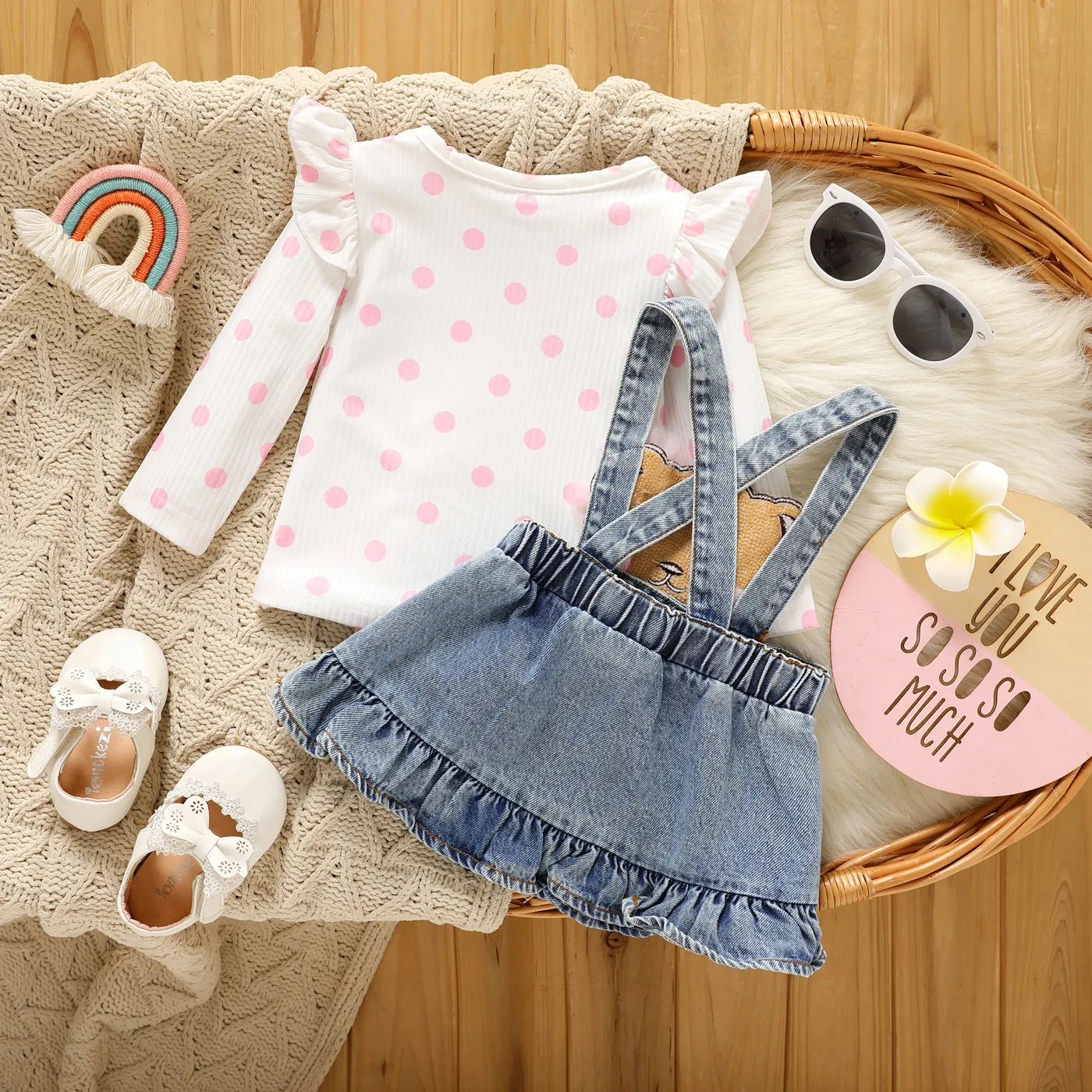 2pcs Baby Girl 100% Cotton Bear Pattern Ruffle Hem Denim Overall Dress and Polka Dots Rib Knit Top Set  image 4