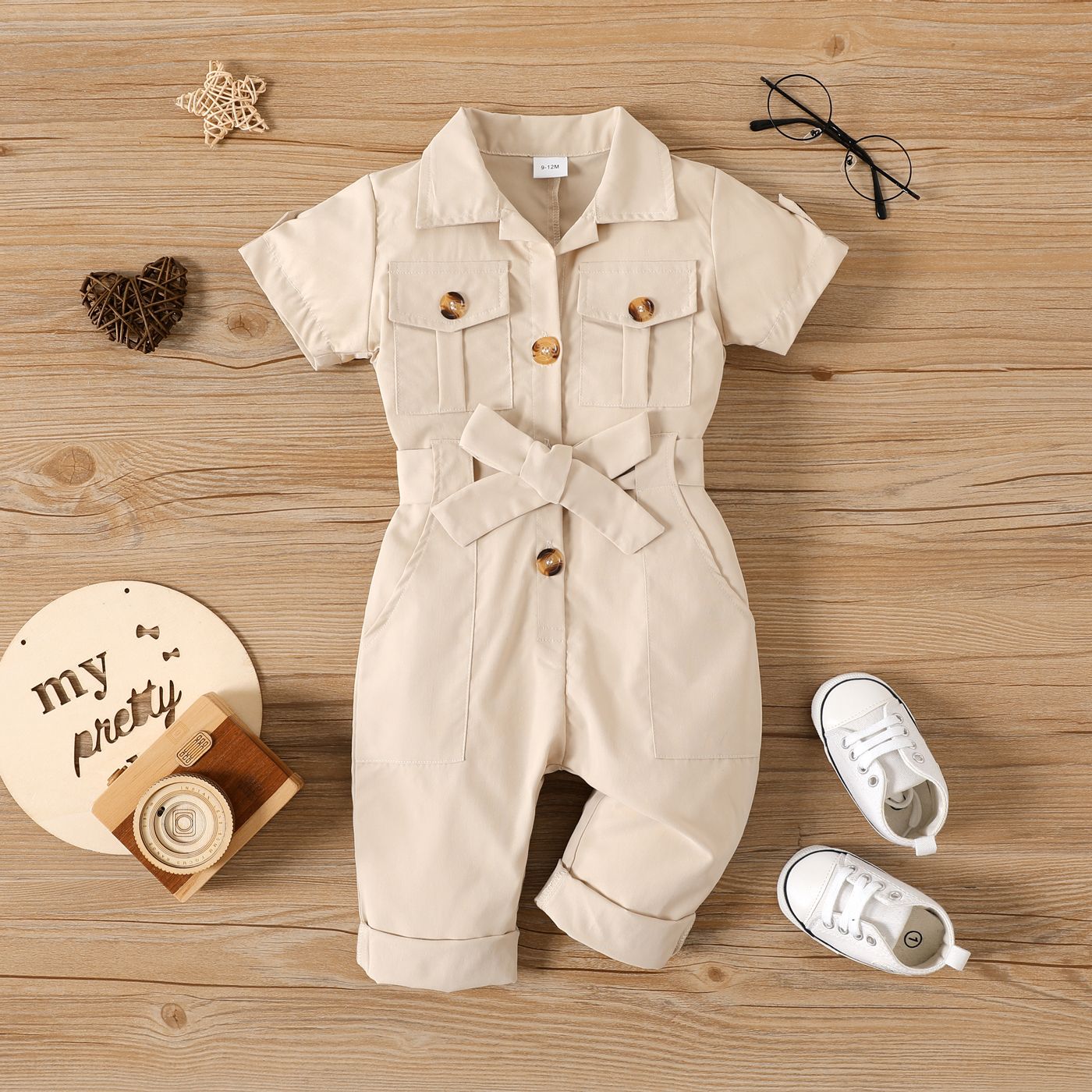 

Baby Boy/Girl Button Up Solid Lapel Collar Short-sleeve Belted Jumpsuit