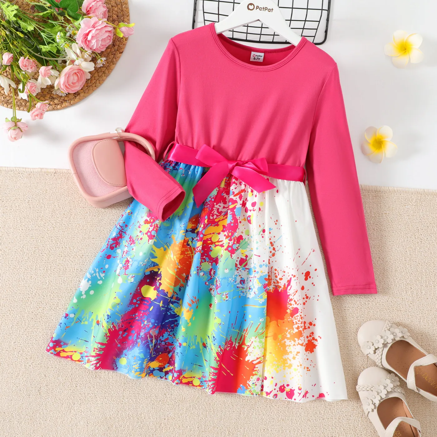 

Kid Girl Butterfly/Painting Print Colorblock Belted Long-sleeve Dress