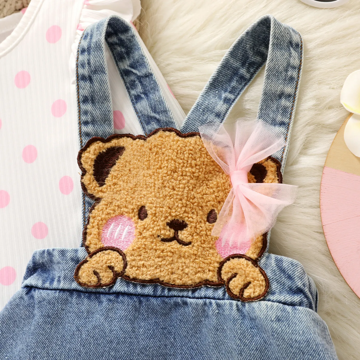 2pcs Baby Girl 100% Cotton Bear Pattern Ruffle Hem Denim Overall Dress and Polka Dots Rib Knit Top Set  image 6