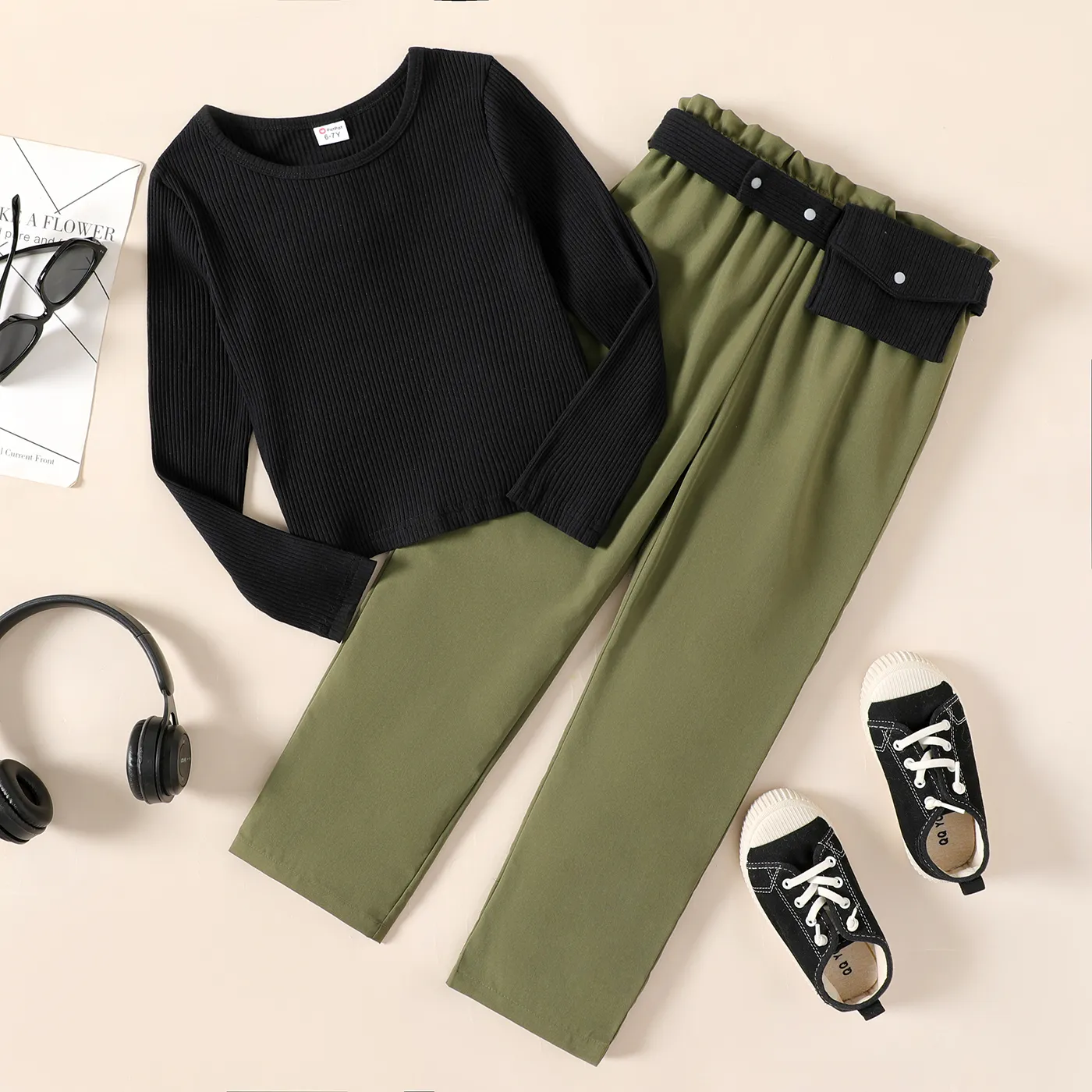

3pcs Kid Girl Ribbed Long-sleeve Black Tee & Green Pants and Waist Bag Set