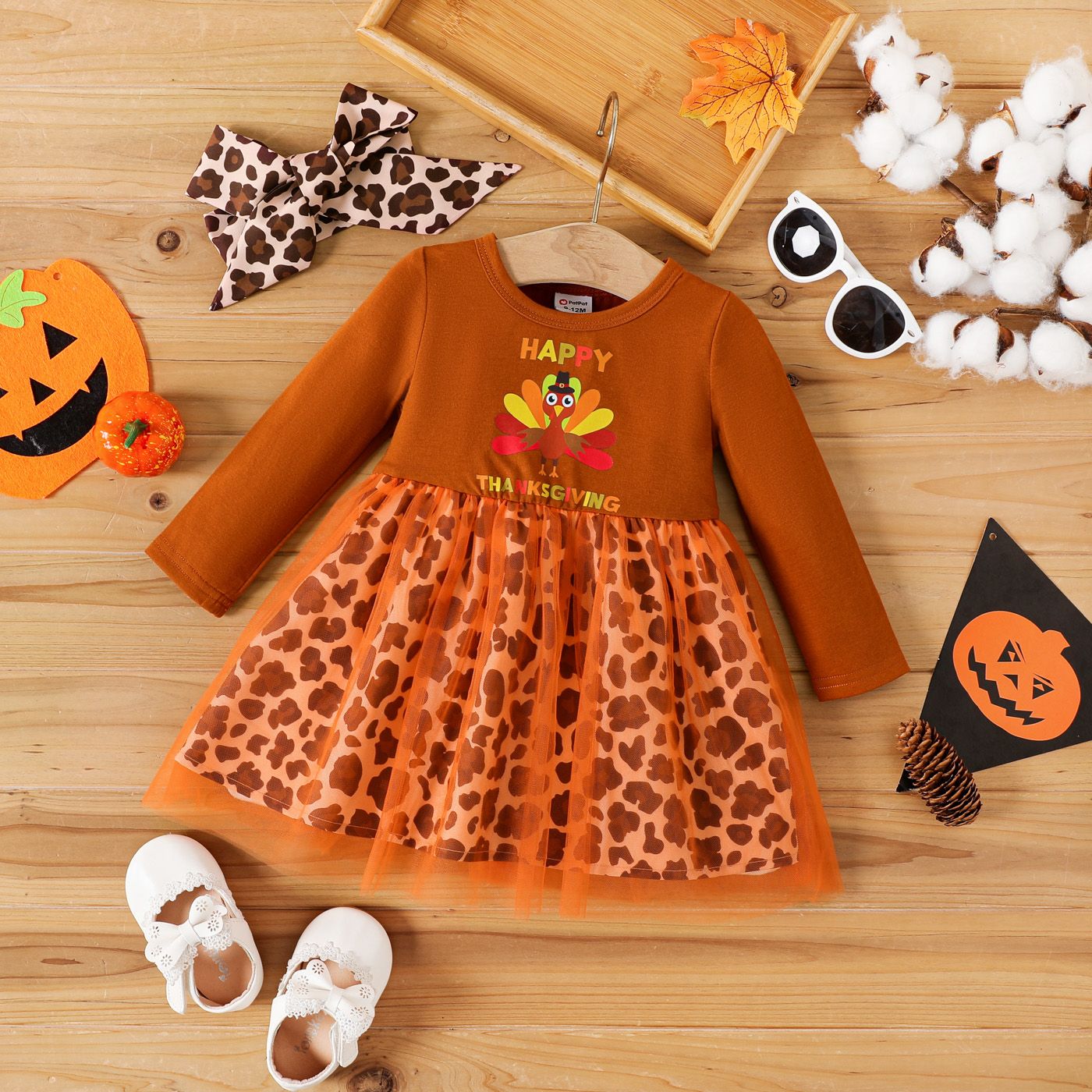 

Thanksgiving Day 2pcs Baby Girl Turkey & Letter Print Spliced Leopard Mesh Long-sleeve Dress with Headband Set