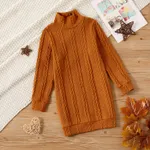 Kid Girl Solid Color Cable Knit Textured Mock neck Sweater Dress Brown