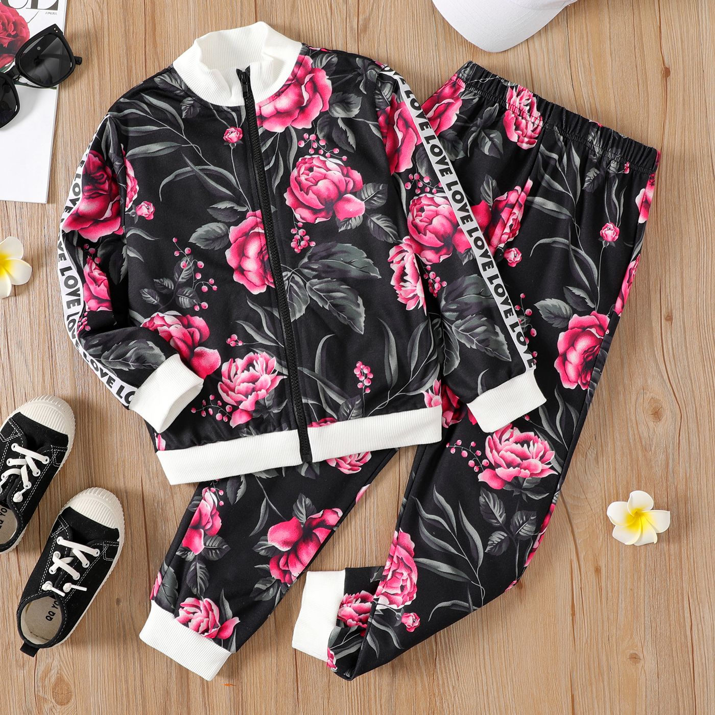 

2pcs Kid Girl Floral Print Zipper Design Jacket and Elasticized Pants Set