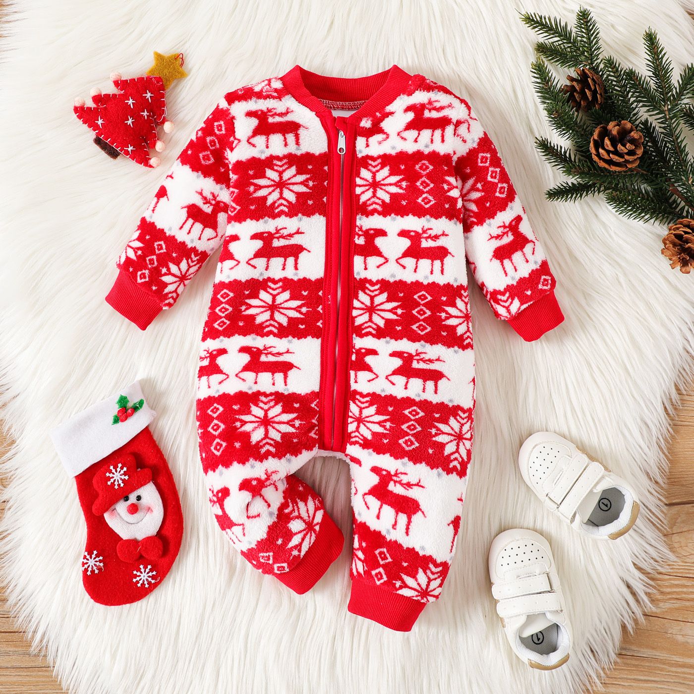 

Christmas Baby Boy/Girl Allover Snowflake Graphic Red Fleece Long-sleeve Zipper Jumpsuit