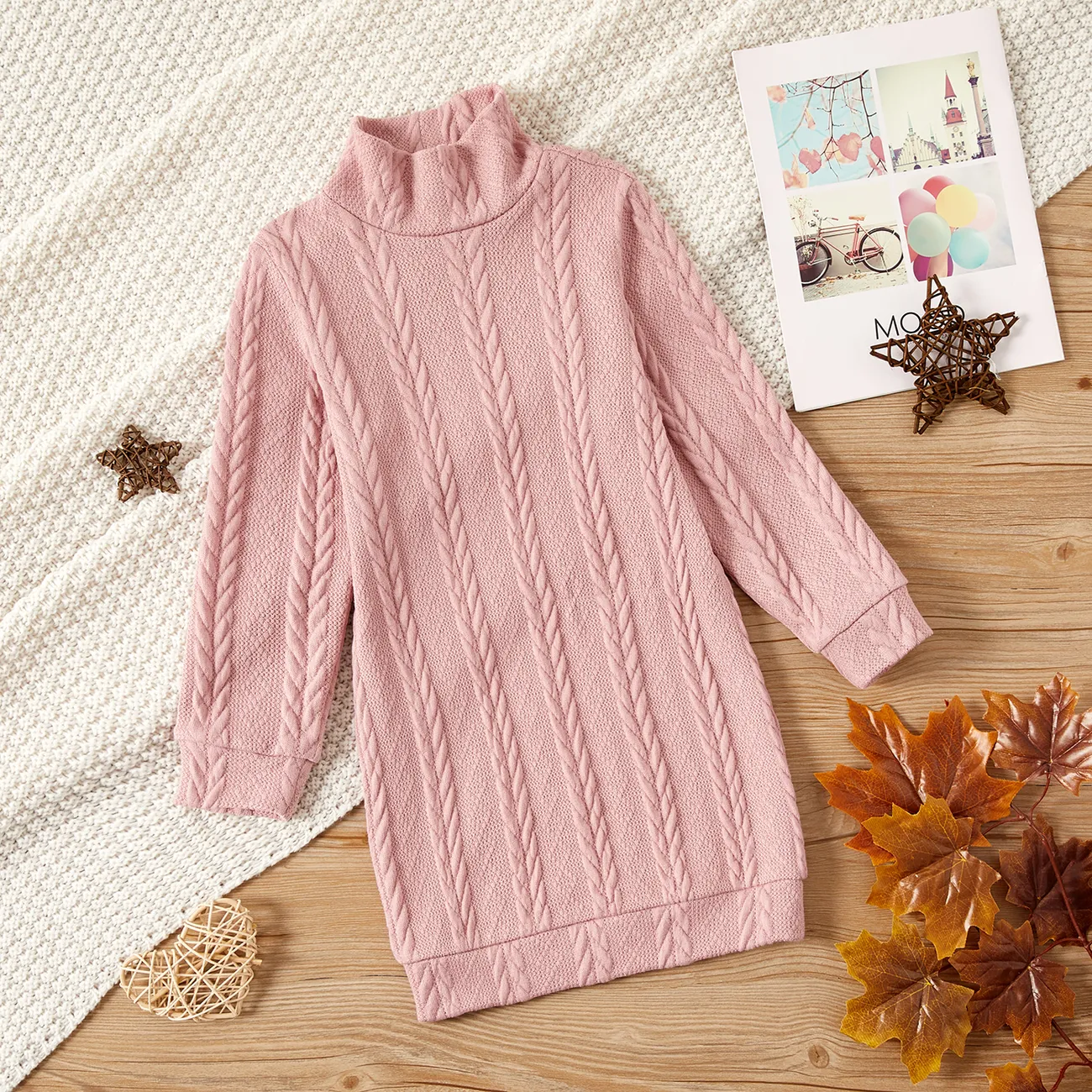 Kid Girl Solid Color Cable Knit Textured Mock neck Sweater Dress Pink big image 1