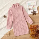 Kid Girl Solid Color Cable Knit Textured Mock neck Sweater Dress Pink