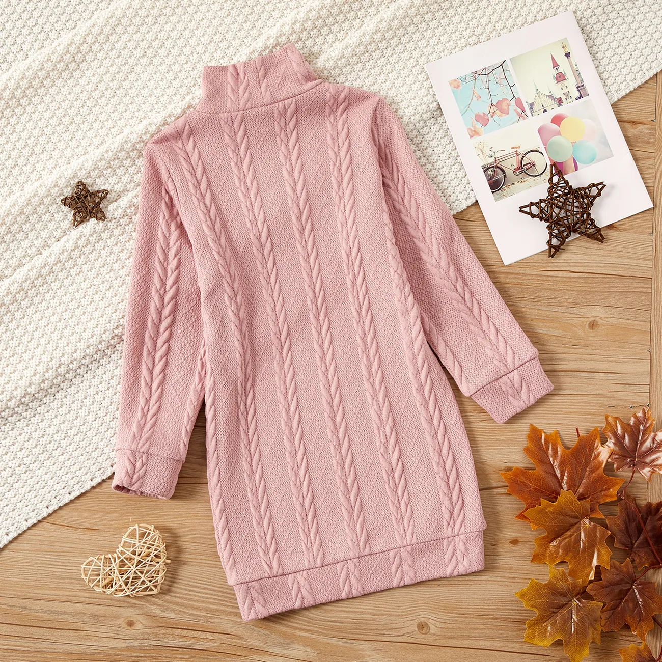 Kid Girl Solid Color Cable Knit Textured Mock neck Sweater Dress Pink big image 1