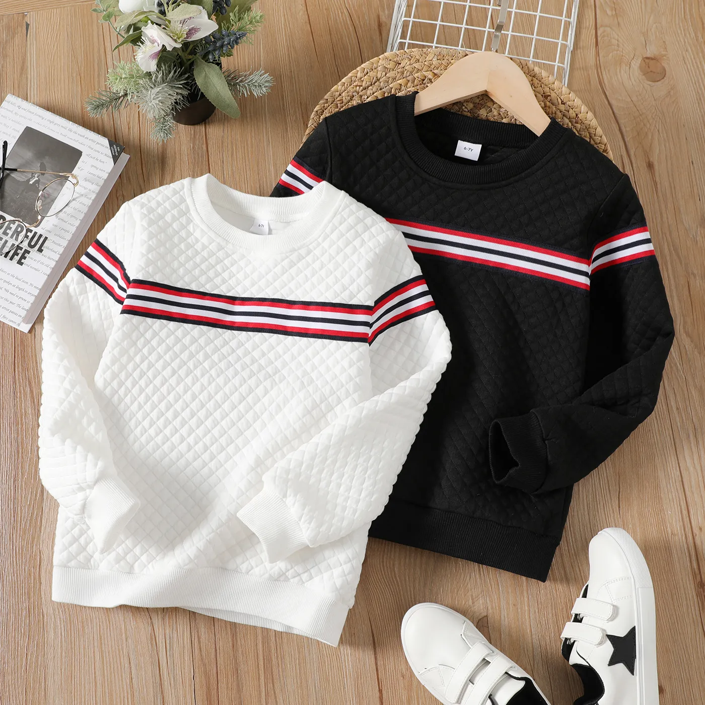 Kid Boy Preppy style Striped Webbing Textured Pullover Sweatshirt  image 2
