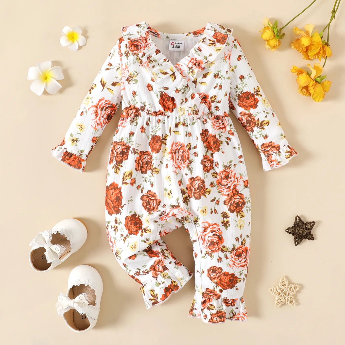 

Baby Girl Allover Floral Print Ruffle Trim Surplice Neck Long-sleeve Jumpsuit