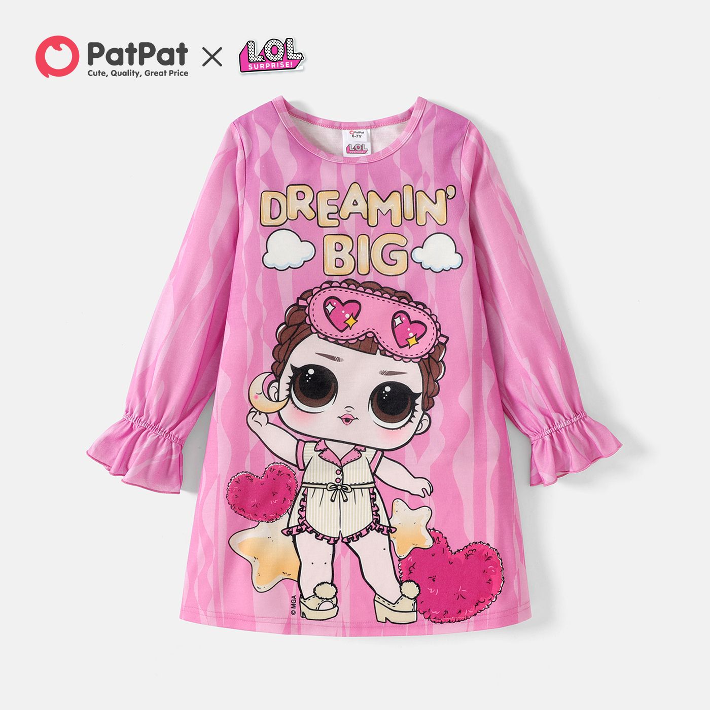 

L.O.L. SURPRISE! Kid Girl Letter Print Long Ruffle-sleeve Pink Dress