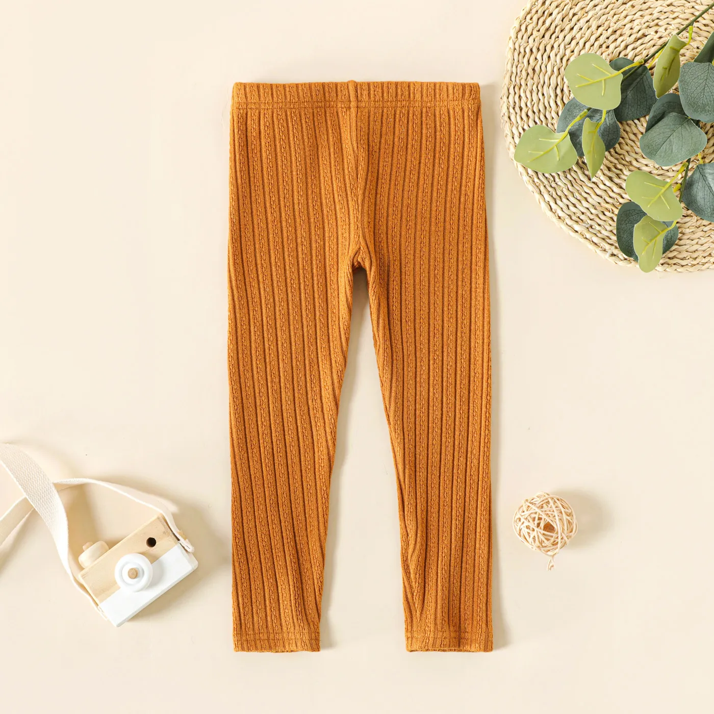 Toddler Girl Basic Solid Color Textured Jacquard Leggings YellowBrown