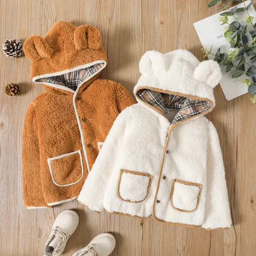 Toddler Boy Plaid Splice Ear Design Fleece Coat