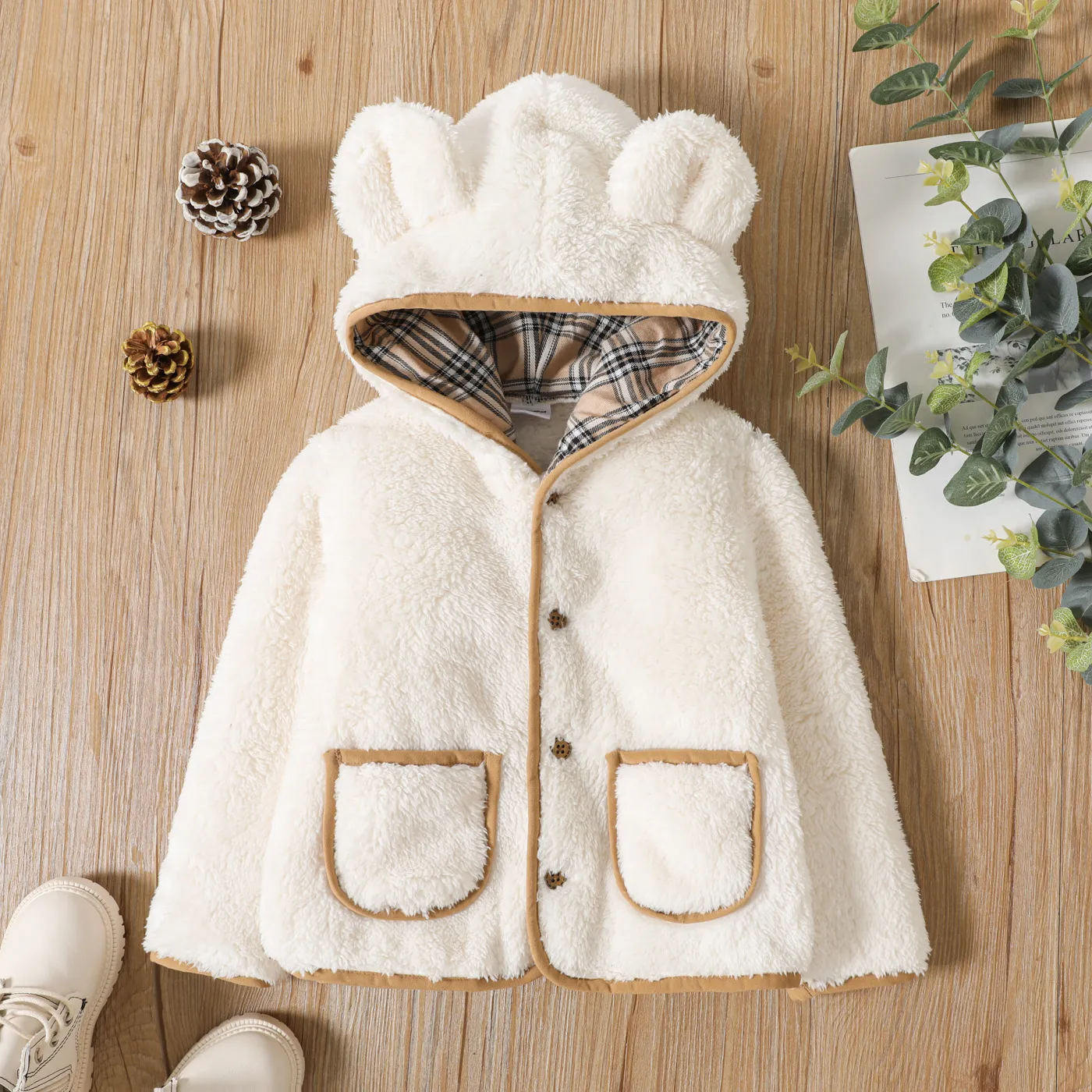 Toddler Boy Plaid Splice Ear Design Fleece Coat  big image 1