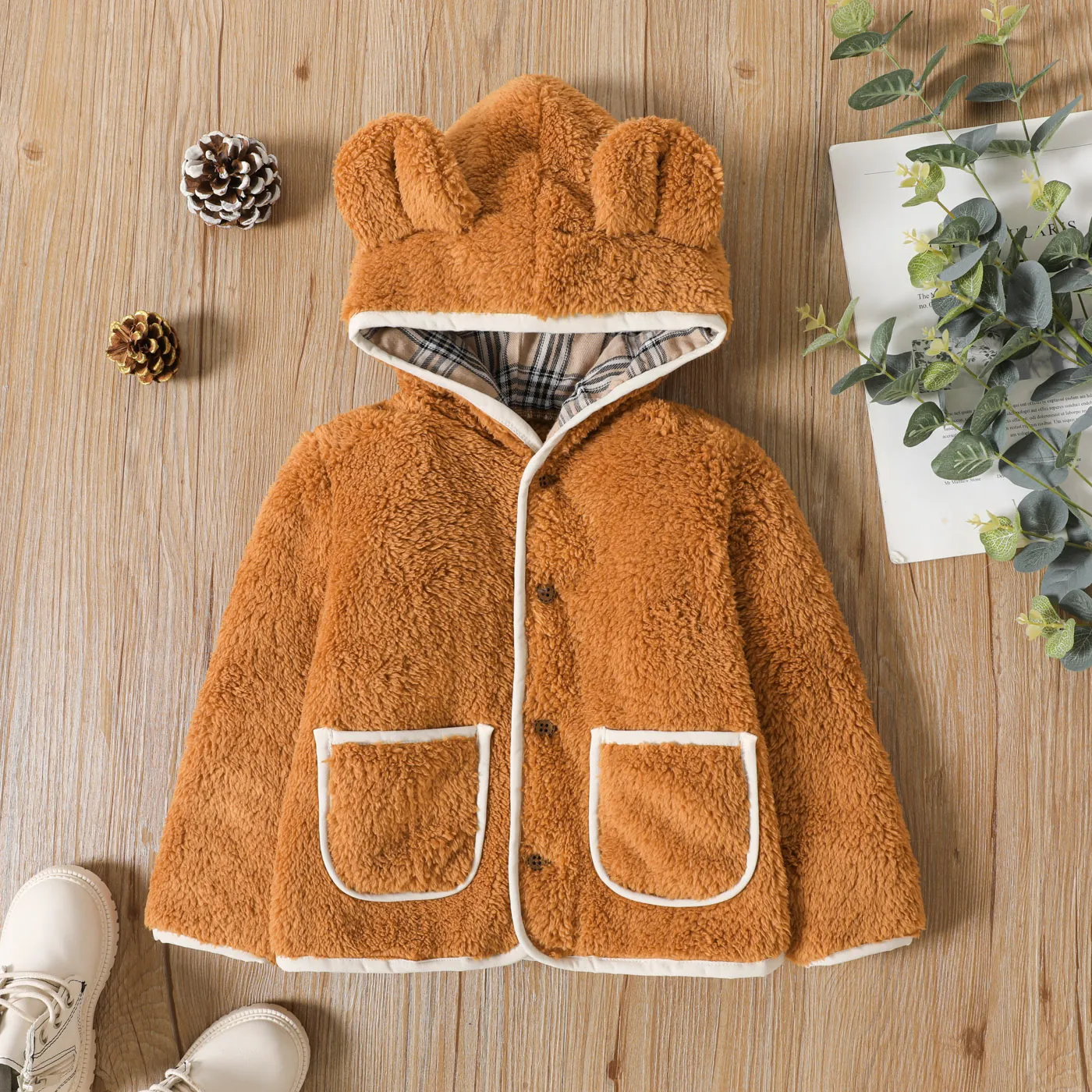 Toddler Boy Plaid Splice Ear Design Fleece Coat Brown
