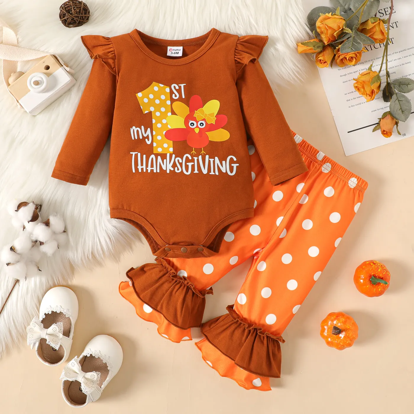 

Thanksgiving Day 2pcs Baby Girl Turkey & Letter Print Long-sleeve Romper and Polka Dot Layered Ruffle Flared Pants Set