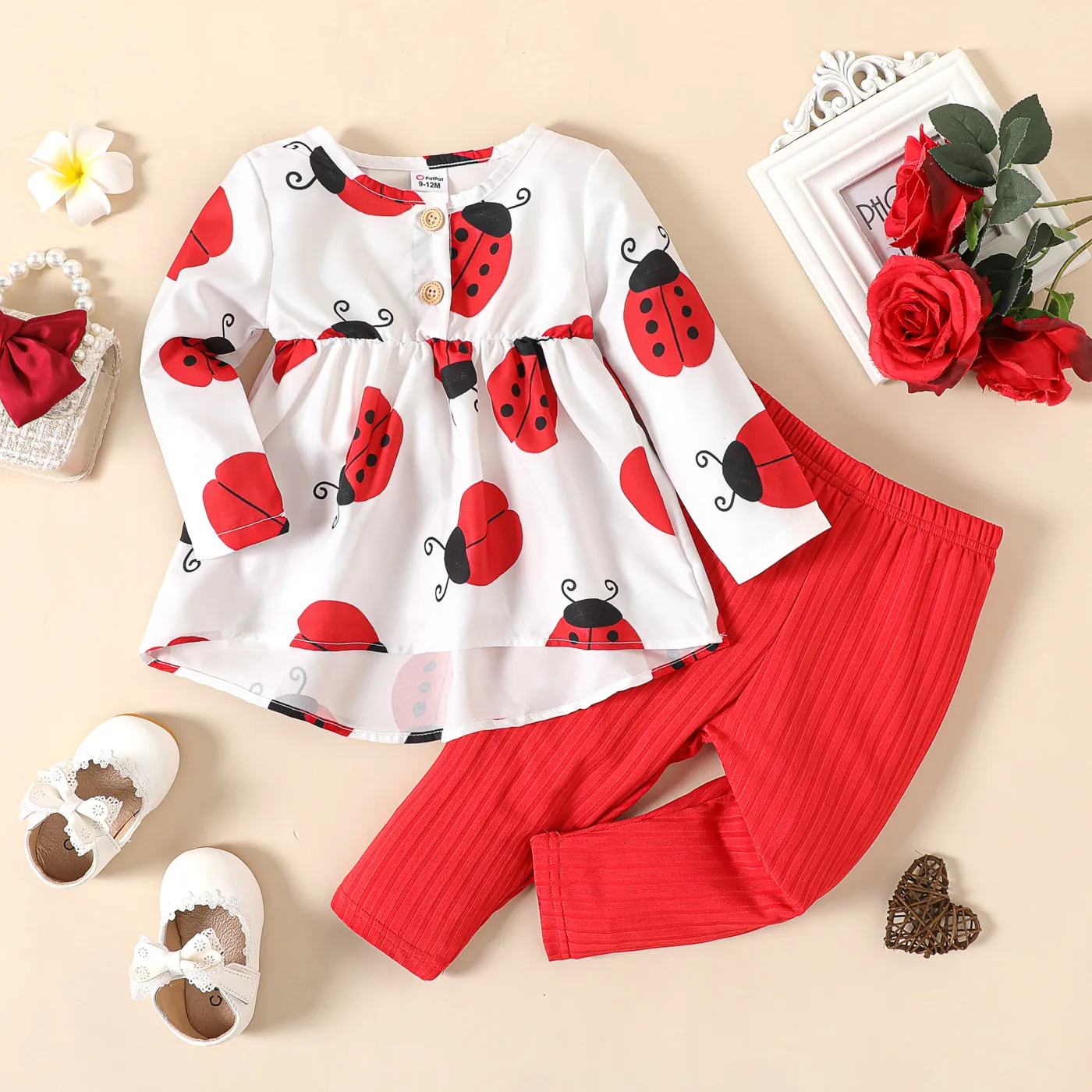 

2pcs Baby Girl Allover Ladybug Print Long-sleeve Dress with Rib Knit Leggings Set
