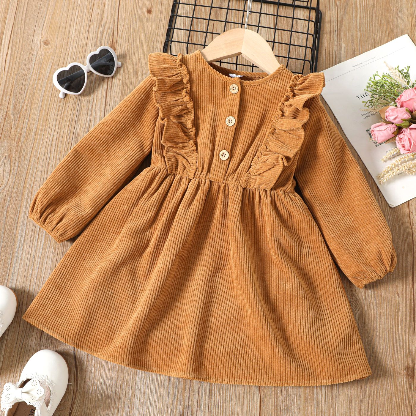 

Toddler Girl Ruffled Button Design Long-sleeve Brown Dress