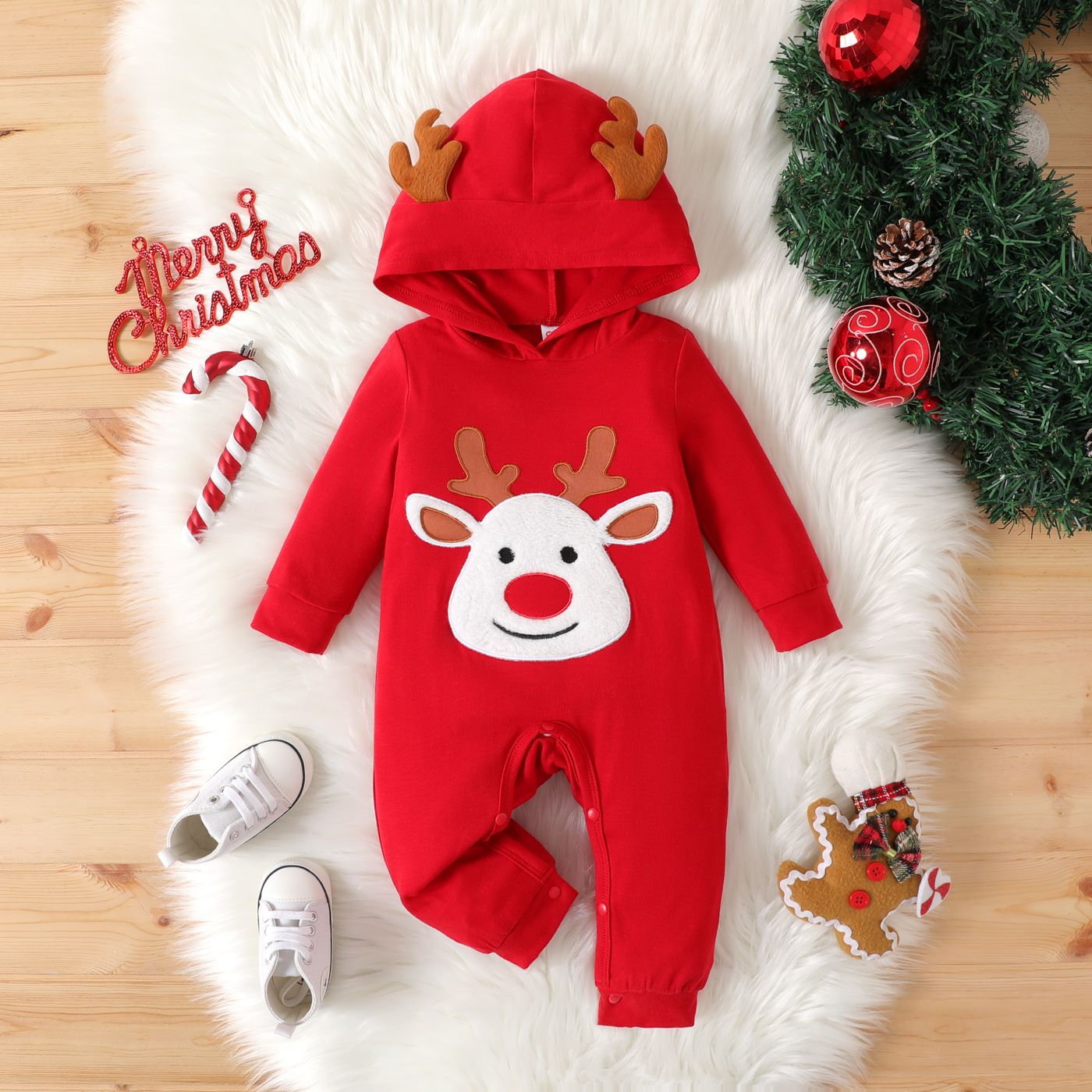 

Christmas Baby Boy/Girl 3D Antlers Detail Reindeer Embroidered Red Long-sleeve Hooded Jumpsuit