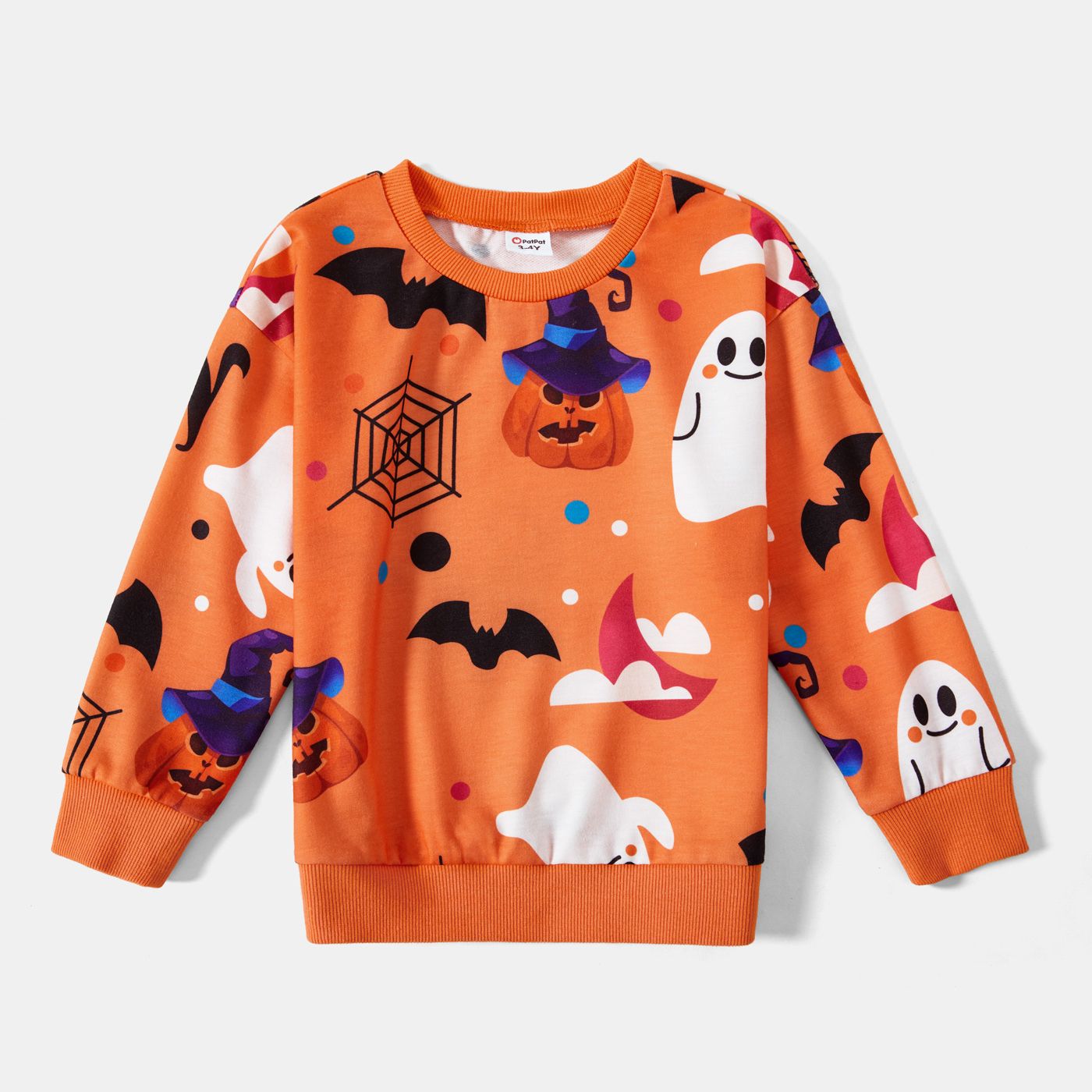 Halloween Allover Ghost Print Orange Long-sleeve Sweatshirts For Mom And Me