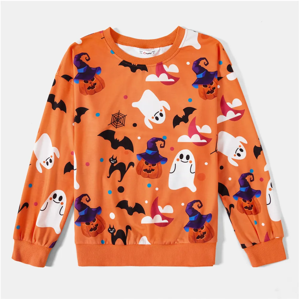 Halloween Allover Ghost Print Orange Long-sleeve Sweatshirts for Mom and Me  big image 11