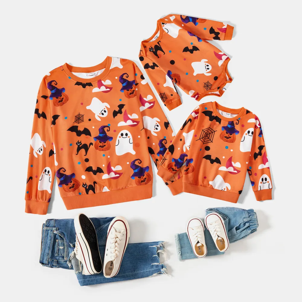 Halloween Allover Ghost Print Orange Long-sleeve Sweatshirts for Mom and Me  big image 2