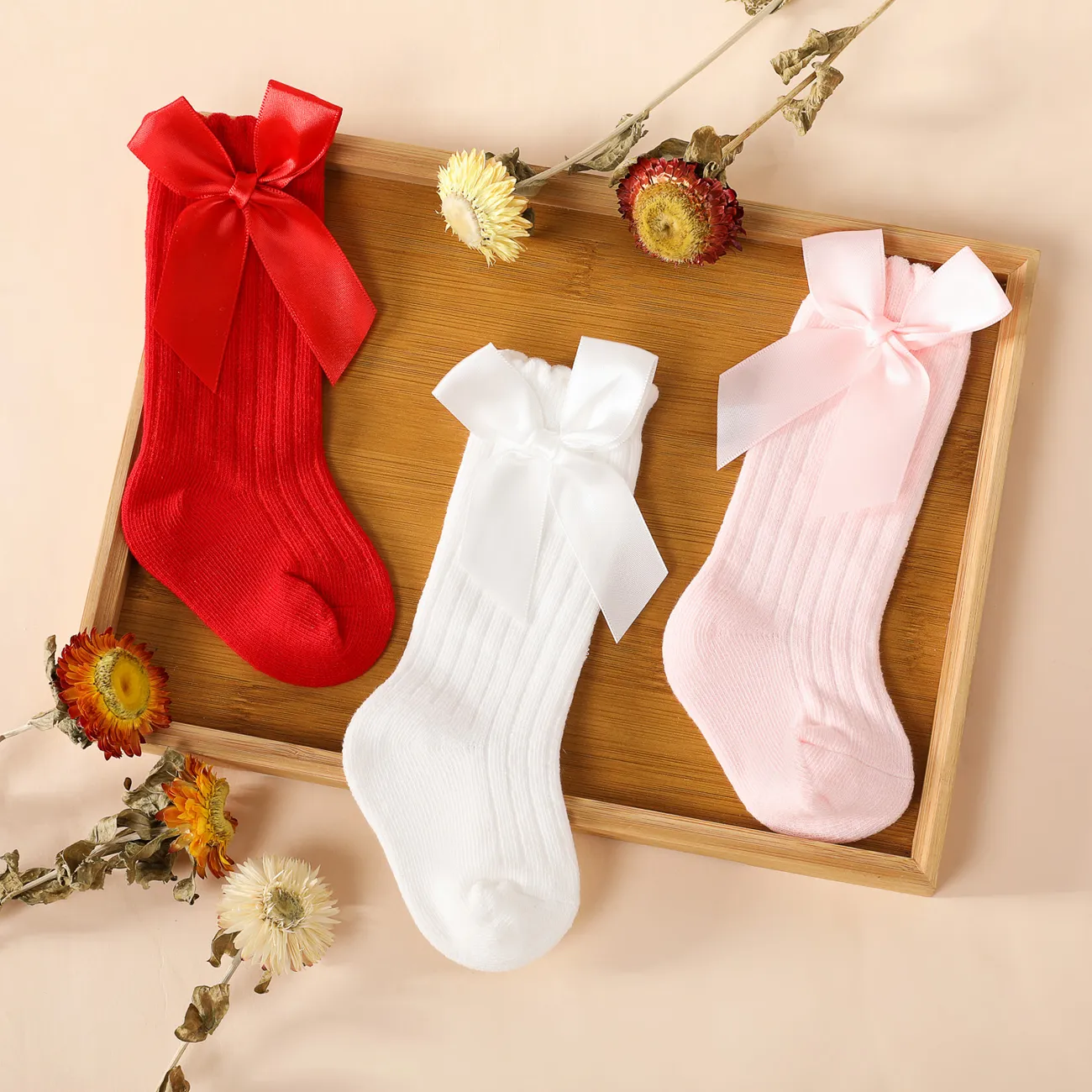 3-pairs Baby / Toddler Bow Decor Plain Ribbed Crew Socks Multi-color big image 1