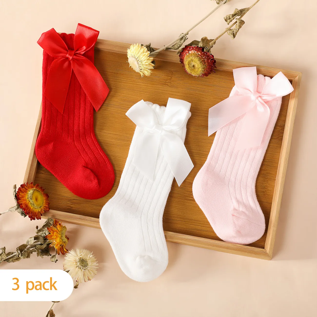 3 paires de chaussettes mi-mollet côtelées unies à décor de nœud pour bébé/tout-petit Multicolore big image 1