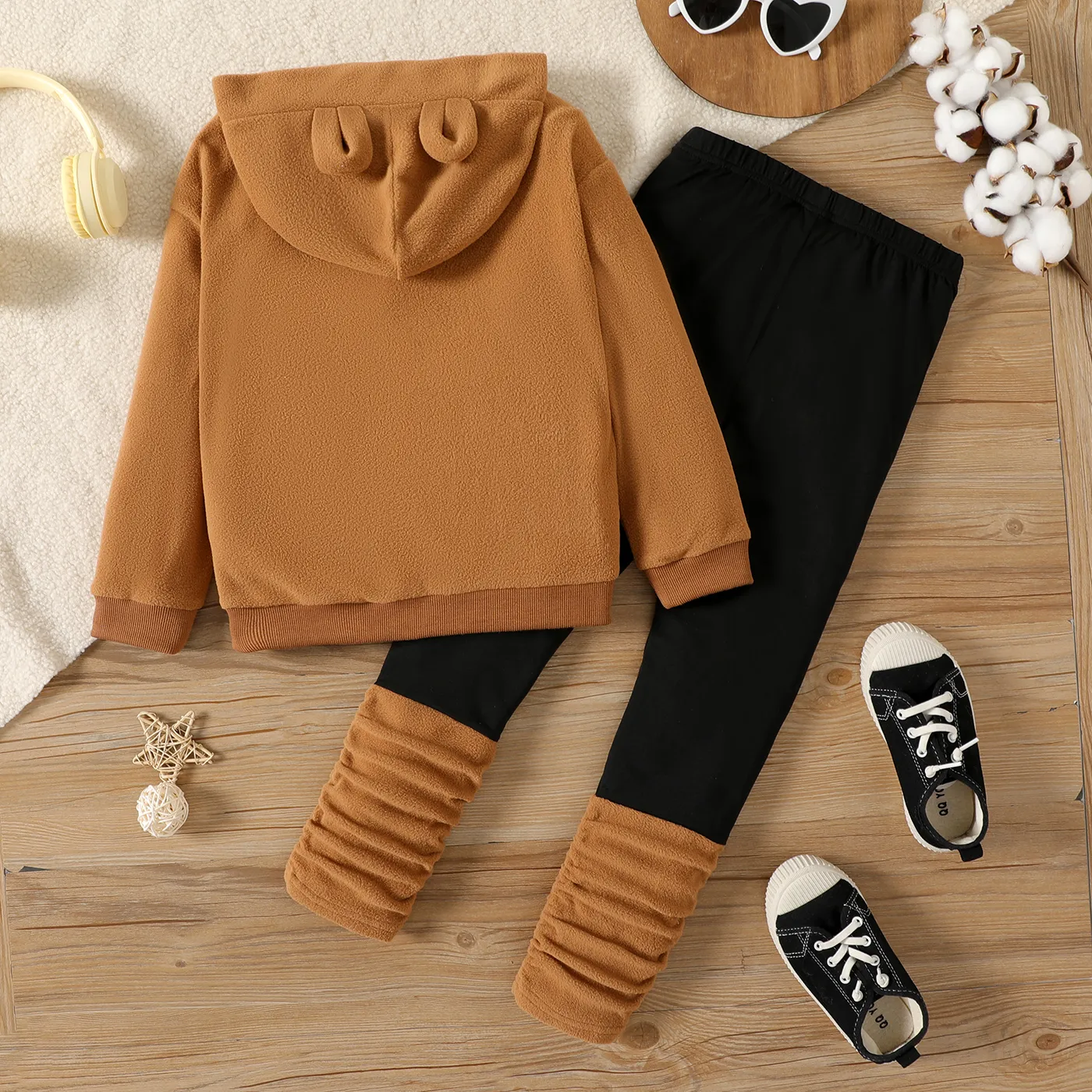 2pcs Kid Girl Ear Design Polar fleece Hoodie Sweatshirt amd Colorblock Splice Leggings Set Brown big image 1