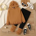 2pcs Kid Girl Ear Design Polar fleece Hoodie Sweatshirt amd Colorblock Splice Leggings Set Brown image 2