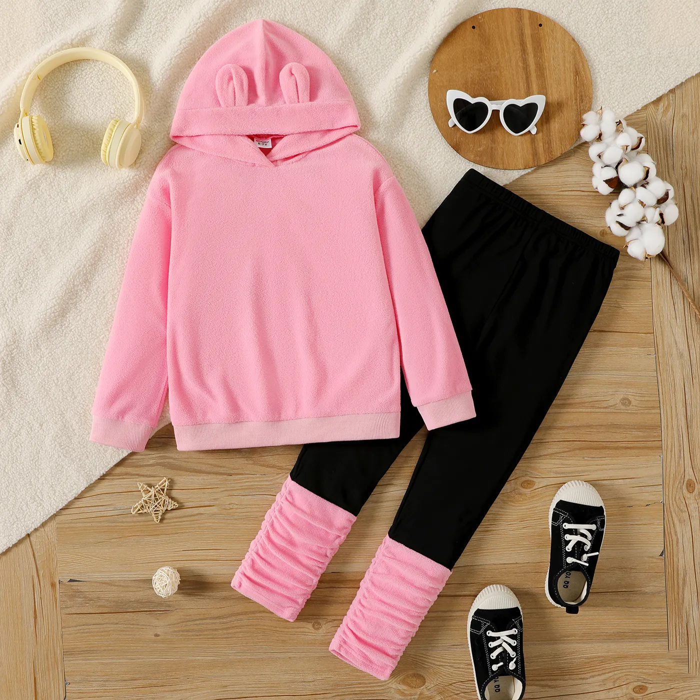 2pcs Kid Girl Ear Design Polar fleece Hoodie Sweatshirt amd Colorblock Splice Leggings Set Pink