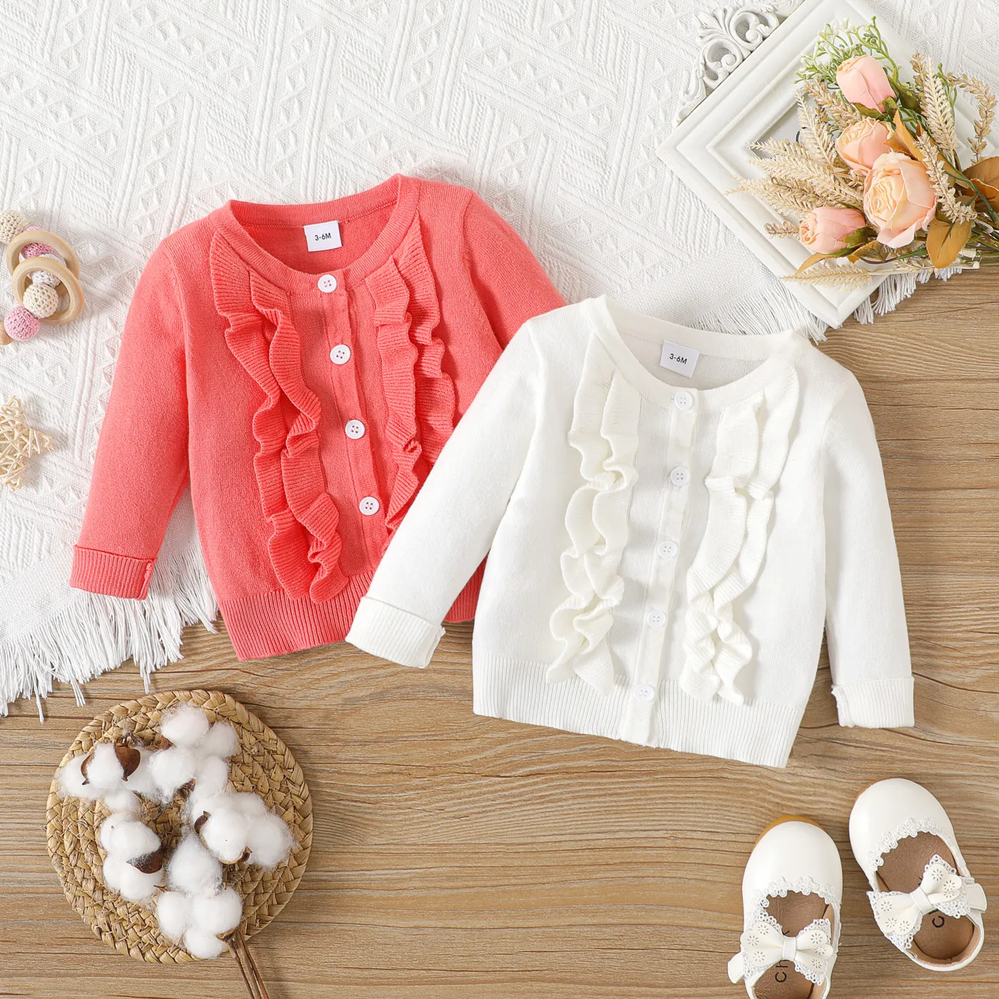 Baby Girl Long-sleeve Button Front Solid Layered Ruffle Trim Knitted Cardigan Sweater