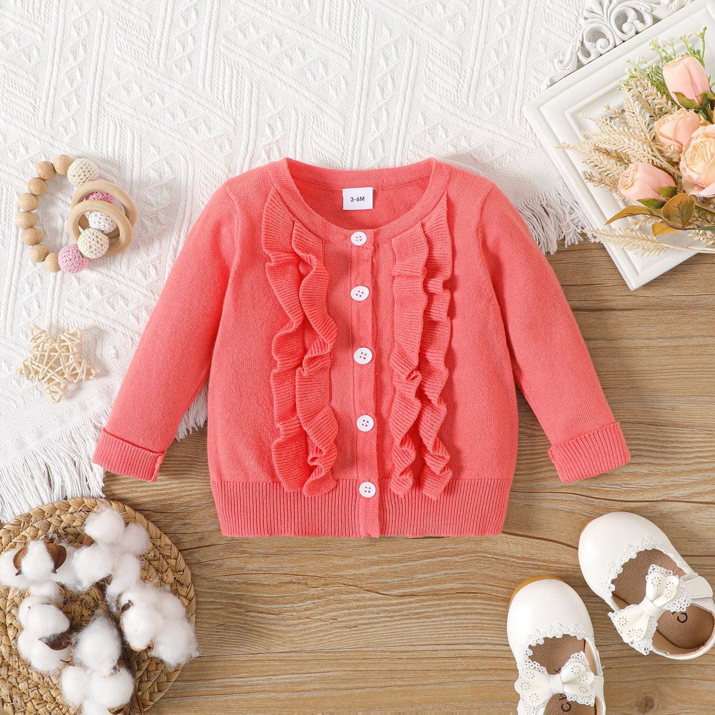 Baby Girl Long-sleeve Button Front Solid Layered Ruffle Trim Knitted Cardigan Sweater