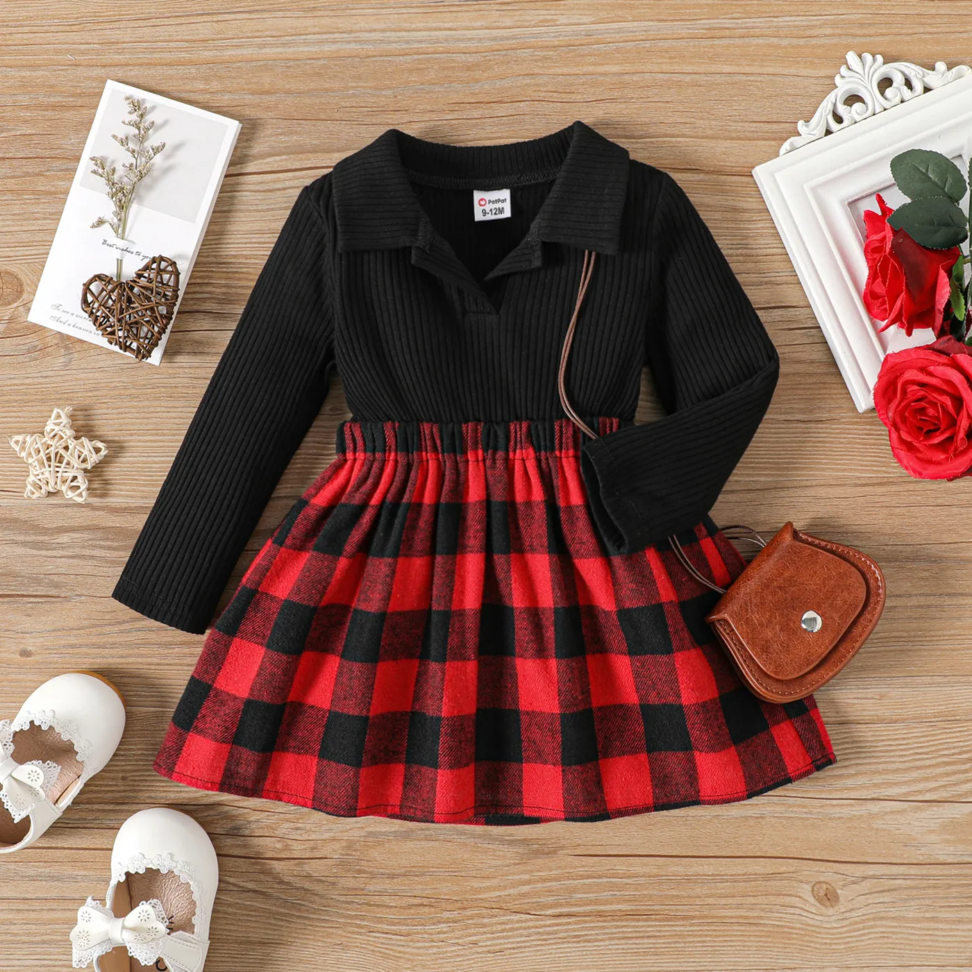 

Baby Girl Polo Collar Long-sleeve Rib Knit Spliced Red Plaid Dress