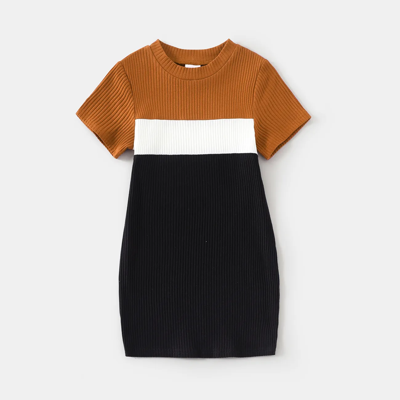 Family Matching Cotton Short-sleeve Colorblock Rib Knit Mock Neck Bodycon Dresses and Tops Sets YellowBrown big image 1
