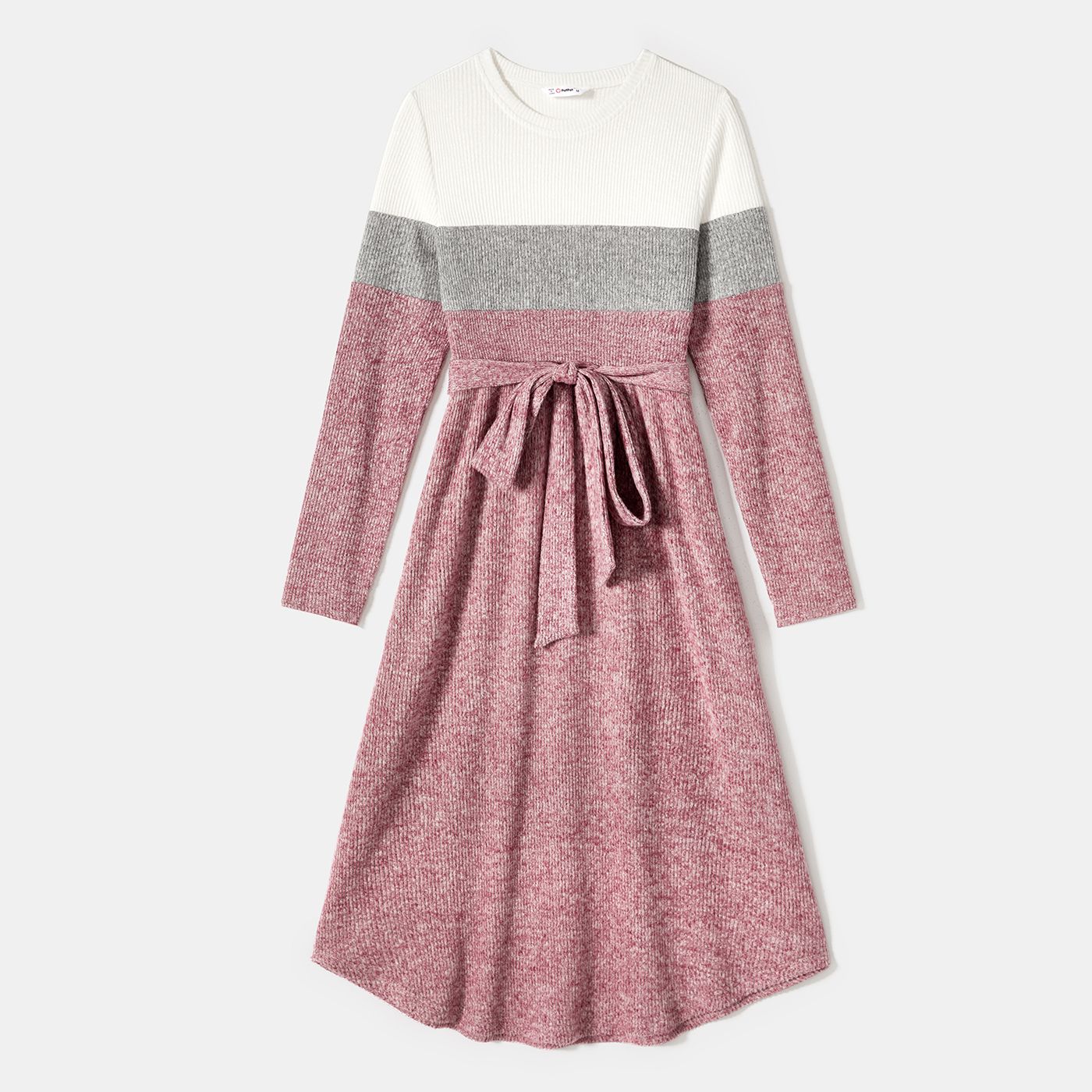Family Matching Long-sleeve Colorblock Rib Knit Belted Dresses And Pullover Sets