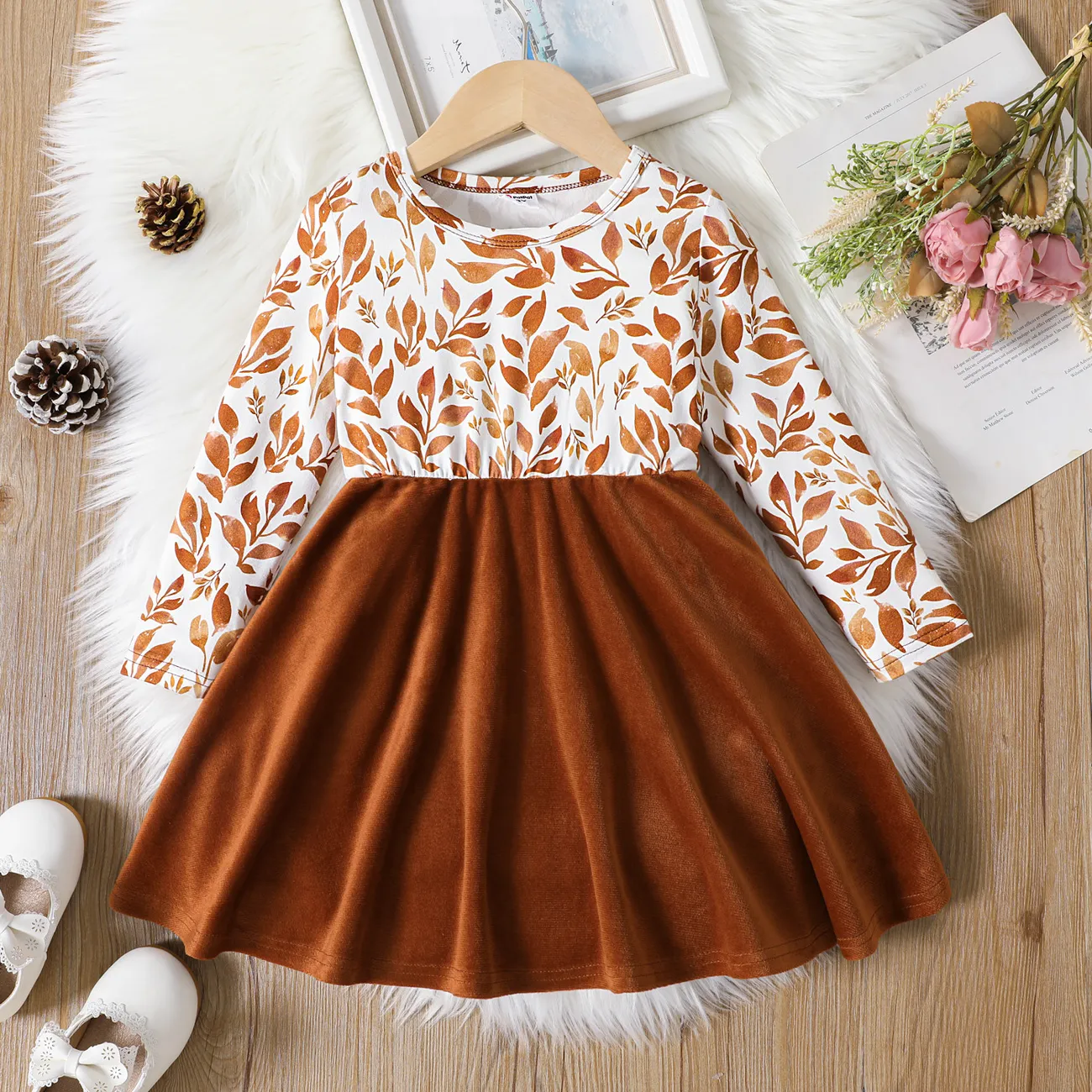 Toddler Girl Floral Leaf Print Velvet Splice Long-sleeve Dress