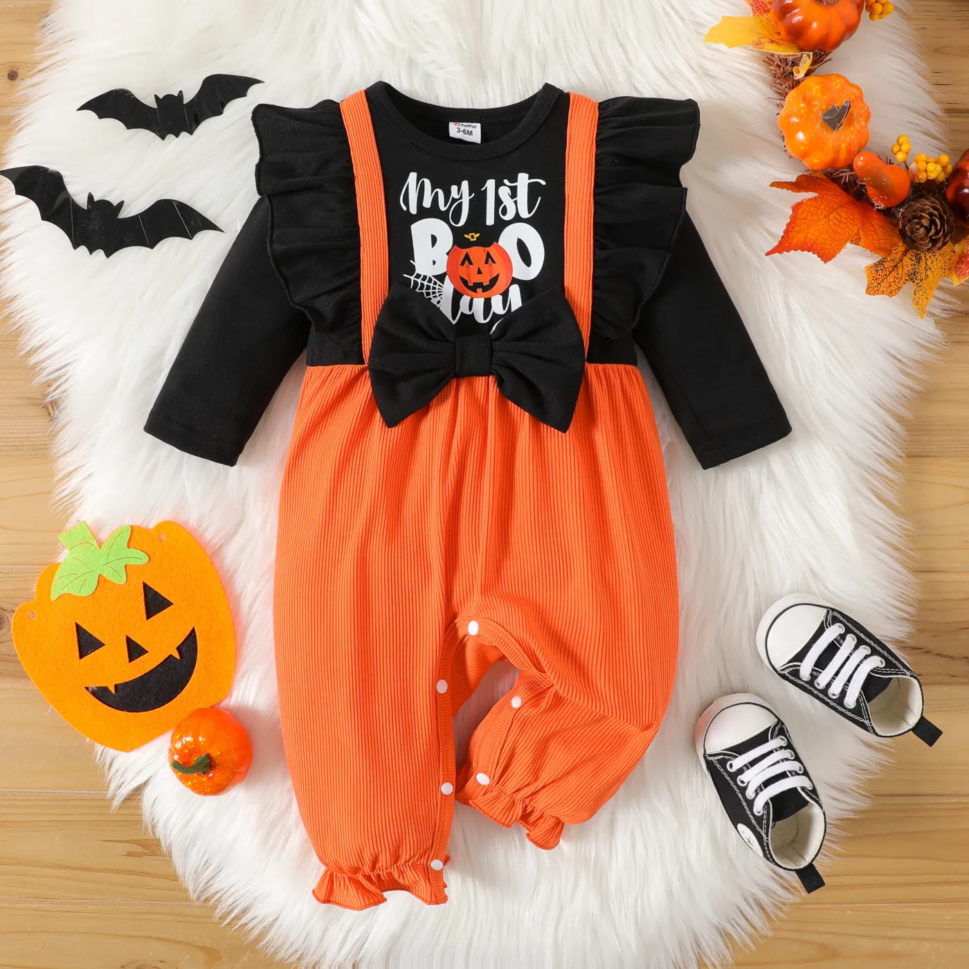 

Halloween Baby Girl Graphic Print Ruffle Trim Bow Front Spliced Rib Knit Long-sleeve Jumpsuit